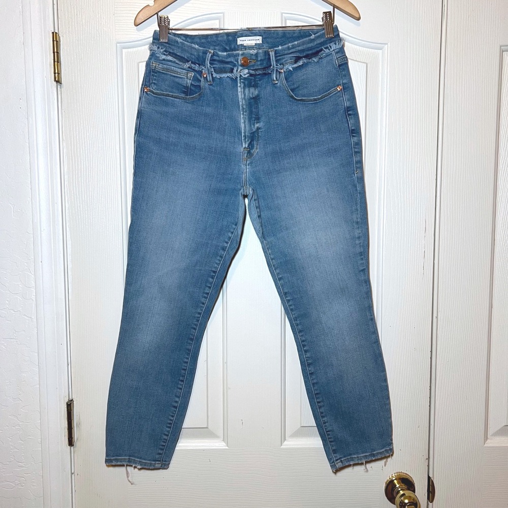 Good American Good Legs Crop Frayed Waist Skinny Jeans Blue 12/31